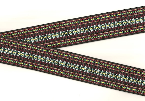 NATIVE AMERICAN K-06-S Jacquard Ribbon Poly Trim 2" Wide (50mm) REVERSIBLE, Black, Burgundy, Brown w/White, Yellow & Green Accents