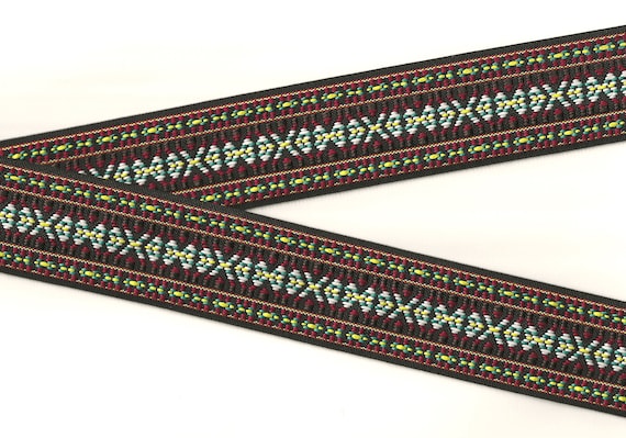 NATIVE AMERICAN K-06-S Jacquard Ribbon Poly Trim 2" Wide (50mm) REVERSIBLE, Black, Burgundy, Brown w/White, Yellow & Green Accents, Per Yard