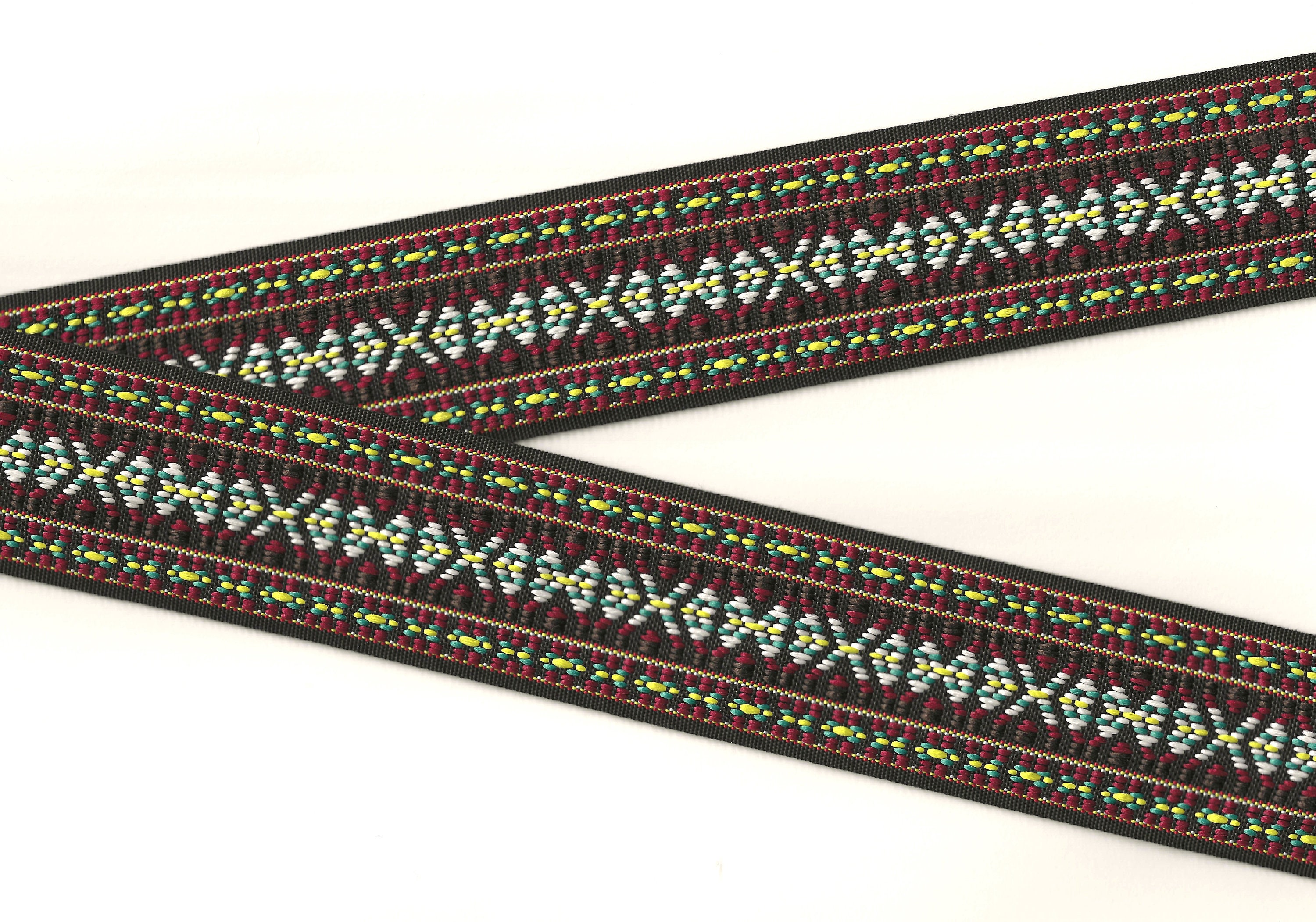 NATIVE AMERICAN K-06-S Jacquard Ribbon Poly Trim 2 Wide (50mm) REVERSIBLE,  Black, Burgundy, Brown w/White, Yellow & Green Accents, Per Yard