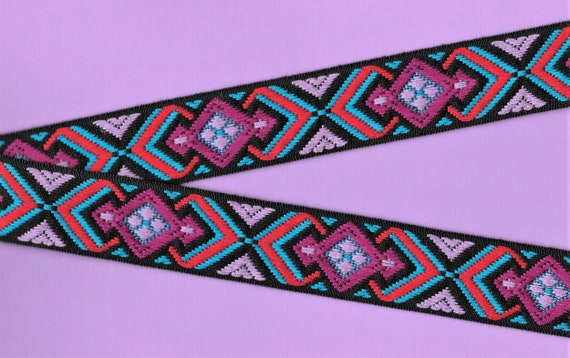 NATIVE AMERICAN G-07-F Jacquard Ribbon Cotton Trim, 1-1/4" Wide (32mm) Black w/Red, Turquoise, Lilac & Plum Native Design, Per Yard