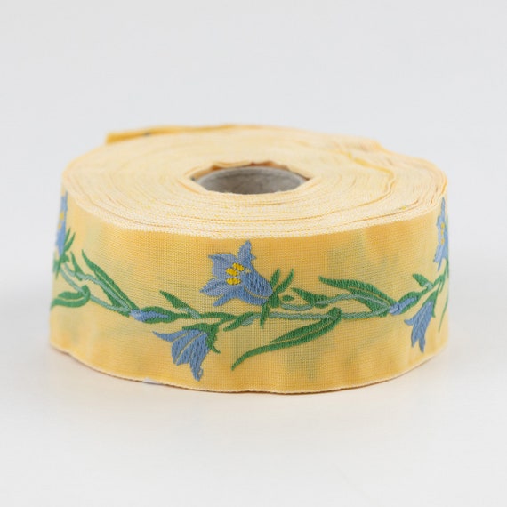 KAFKA G-02/10 Jacquard Ribbon Woven Organic Cotton Trim 1-1/4" wide (32mm) Yellow Background w/Blue & Yellow Bellflowers, Green Stems/Leaves