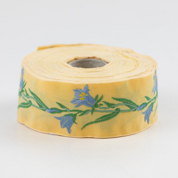 KAFKA G-02/10 Jacquard Ribbon Woven Organic Cotton Trim 1-1/4" wide (32mm) Yellow w/Blue & Yellow Bellflowers, Green Leaves