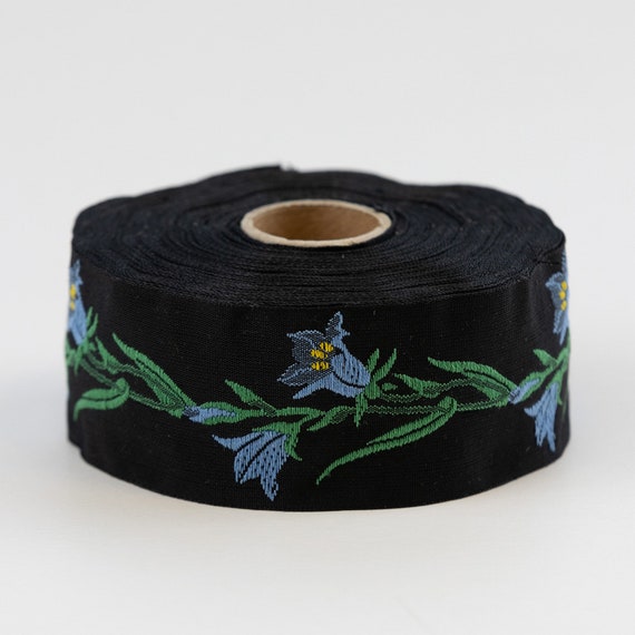 KAFKA G-02/09 Jacquard Ribbon Woven Organic Cotton Trim 1-1/4" wide (32mm) Black Background w/Blue & Yellow Bellflowers, Green Stems/Leaves