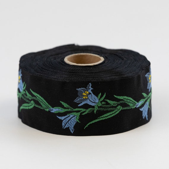 KAFKA G-02/09 Jacquard Ribbon Woven Organic Cotton Trim 1-1/4" wide (32mm) Black w/Blue & Yellow Bellflowers, Green Leaves