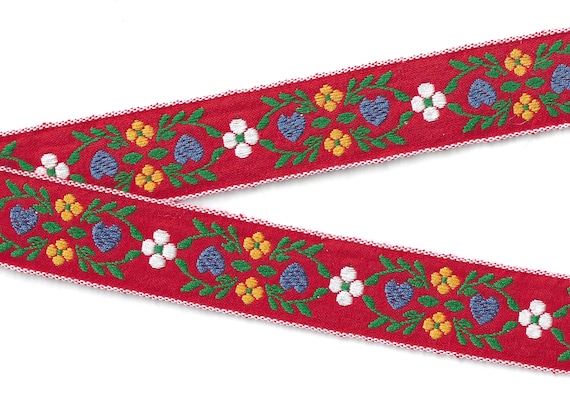 HEARTS/FLOWERS G-05-A Jacquard Ribbon Cotton Trim 1-1/4" wide (32mm) Red Background w/Blue Hearts, Yellow & White Flowers, Green Leaves