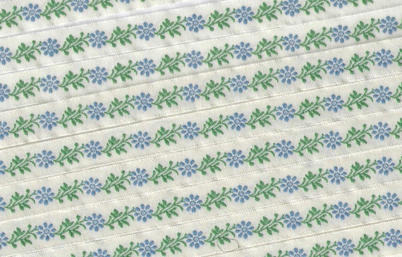 KAFKA A-02/08 Jacquard Ribbon Woven Organic Cotton Trim 7/16" wide (10mm) Ivory w/Blue Flowers, Green Leaves