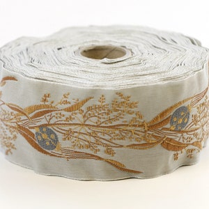 KAFKA H-01/10 Jacquard Ribbon Organic Woven Cotton Trim 1-5/8&quot; wide (40mm) LT GRAY w/Sweet Gray Ladybugs, Golden Brown Leaves & Stems