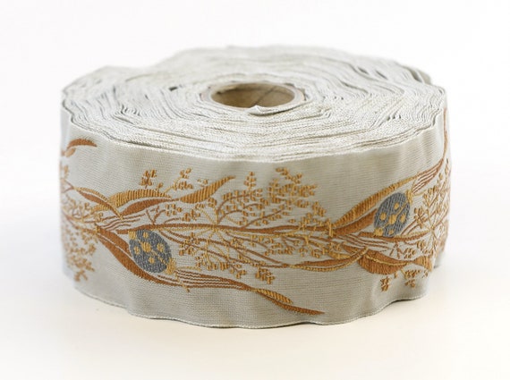 KAFKA H-01/10 Jacquard Ribbon Organic Woven Cotton Trim 1-1/2" wide (40mm) LT GRAY w/Sweet Gray Ladybugs Golden Brown Leaves/Stems, Per Yard