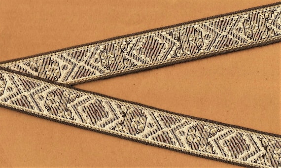 FLORAL TAPESTRY G-09-E Jacquard Ribbon Woven Cotton Trim 1-1/8" Wide (28mm) Cream w/Brown Borders, Beige & Tan Tones