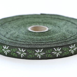KAFKA C-03/01 Jacquard Ribbon Woven Organic Cotton Trim 5/8&quot; wide (16mm) Avocado Green Background w/White Edelweiss Flowers