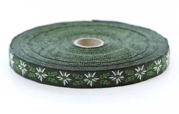KAFKA C-03/01 Jacquard Ribbon Woven Organic Cotton Trim 5/8" wide (16mm) Avocado Green Background w/White Edelweiss Flowers