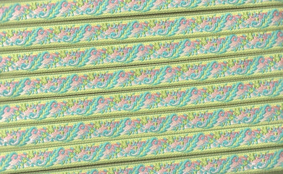 FLORAL B-08-C Jacquard Ribbon Woven Poly Trim 1/2" Wide (13mm) From France, Baroque "Feather" Design in Lime, Turquoise & Pink