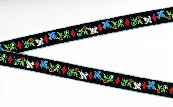 FLORAL D-22-D Jacquard Ribbon Woven Cotton Trim 3/4" wide (20mm) Black w/Blue Borders, Blue & White Tulips, Red Accents, Green Stems