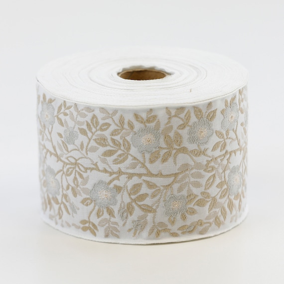 KAFKA L-01/02 Jacquard Ribbon Woven Organic Cotton Trim 2-3/8" wide (60mm) White w/Dove Gray Dog Roses, 2-Tone Beige Leaves/Vines