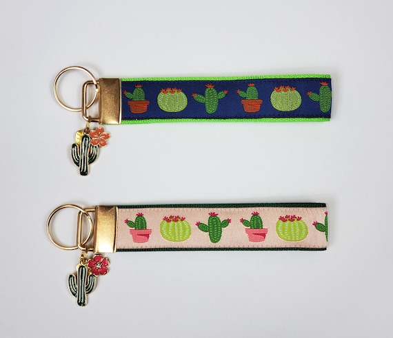 FLORAL Jacquard Ribbon/Nylon Web 1" wide (25mm) Key Fobs, Cactus & Flower w/Charms, Keychain, Key Wristlet, Luggage Tags, 5.5" long