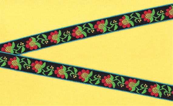 FLORAL D-05-C Jacquard Ribbon Poly/Cotton Trim, 3/4" Wide (20mm) Red/Yellow Sunflowers, Turq Border w/Green Leaves on Black