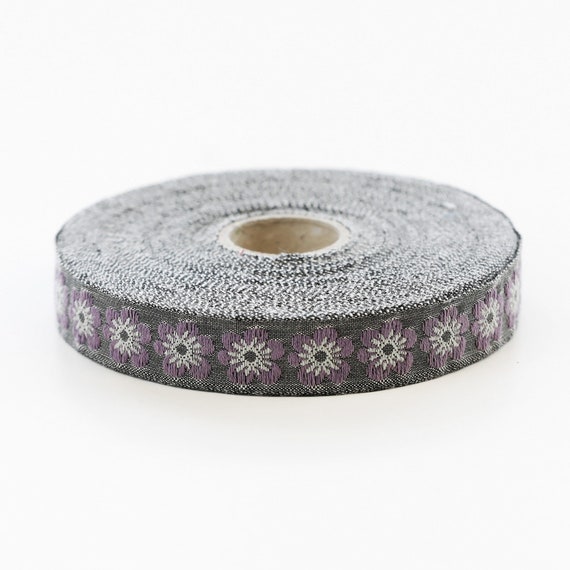 KAFKA C-05/12 Jacquard Ribbon Woven Organic Cotton Trim 5/8" wide (16mm) Gray Background w/Lilac "B&B Blossoms", White Accents, Per Yard