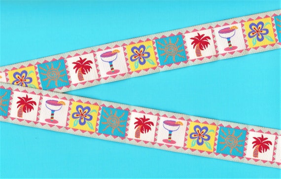 NOVELTY/Beach G-11-B Jacquard Ribbon Poly Trim 1-1/8" wide (28mm) Douglas Paquette, Pastel Blocks w/Island Vacation Motifs