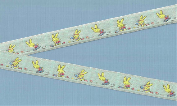 CHILDREN's E-04-A Jacquard Ribbon Polyester Trim 7/8" Wide (25mm) Sky Blue Background w/Yellow Bunnies at Play, Easter, Springtime