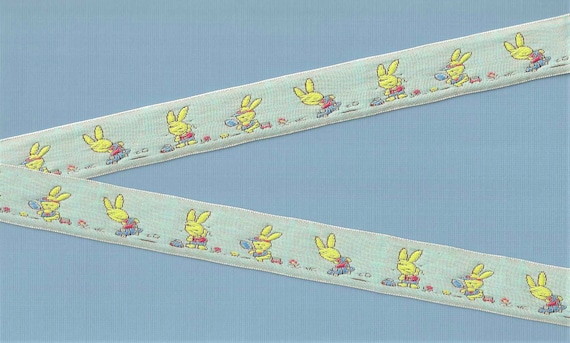 CHILDREN's E-04-A Jacquard Ribbon Polyester Trim 7/8" Wide (25mm) Sky Blue Background w/Yellow Bunnies at Play, Easter, Springtime