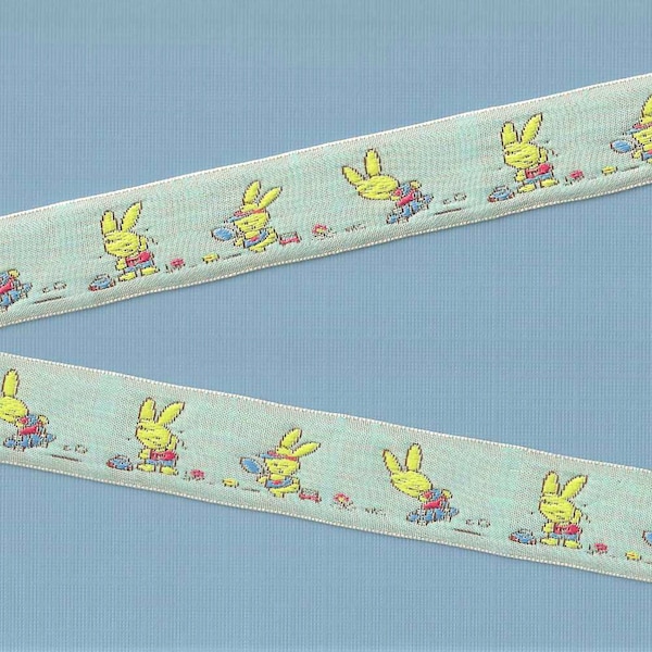 CHILDREN's E-04-A Jacquard Ribbon Polyester Trim 7/8" Wide (25mm) Sky Blue Background w/Yellow Bunnies at Play, Easter, Springtime