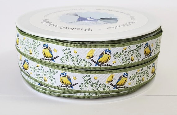 DANIELA DRESCHER Birds Jacquard Ribbon Woven Trim 5/8" wide (16mm) From Germany White Background w/Yellow & Blue "Tit Prince" Yellow Flowers