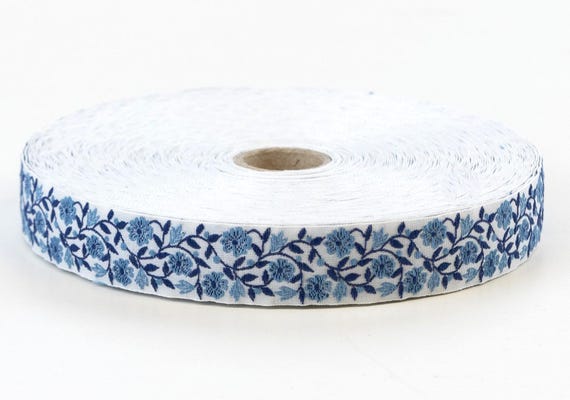 KAFKA D-03/02 Jacquard Ribbon Woven Organic Cotton Trim 3/4" wide (20mm) White w/Sky Blue Flowers & Navy Leaves