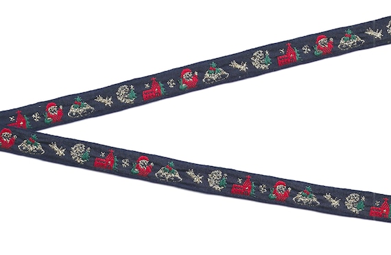 HOLIDAY B-12-A Jacquard Ribbon Cotton Trim 9/16" wide (14mm) VINTAGE Navy w/Christmas Motifs Designs