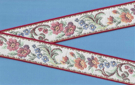 FLORAL TAPESTRY H-09-F Jacquard Ribbon Cotton Trim, 1-1/2" wide (38mm) White with Red Border, Multi-Colored Flowers, Green Leaves