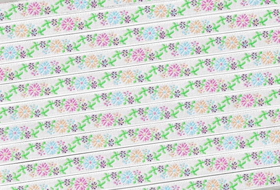 FLORAL A-98-A Jacquard Ribbon Polyester Trim 3/8" wide (9mm) White Background w/Blue, Pink, Peach & Purple Flowers Green Leaves