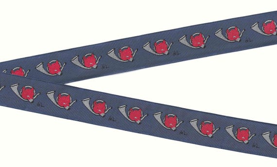 SPORTS/Fox Hunting E-01-A Jacquard Ribbon Rayon Trim 15/16" wide (24mm) VINTAGE and Rare, Navy Background w/Red Fox Head & Gray Horn