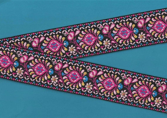 FLORAL K-09-G Jacquard Ribbon Cotton Trim 2" wide (50mm) Black w/Shades of Pink, Turquoise & Yellow Accents