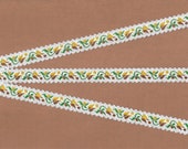 FLORAL B-24-H Jacquard Ribbon Rayon Trim, 1 2 quot Wide, Ivory Background Picot Edging w Yellow Brown Tulips Brown Dots Green Leaves Per Yard
