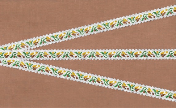 FLORAL B-24-H Jacquard Ribbon Rayon Trim 1/2" wide (13mm) Ivory w/Picot Edging, w/Yellow & Brown Tulips, Brown Dots, Green Leaves