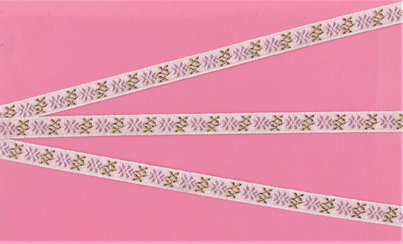 METALLIC B-05-A Jacquard Ribbon Poly Trim, 1/2" Wide (13mm) VINTAGE, White Background w/Pale Pink Flowers, Metallic Gold Accents, REMNANTS