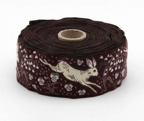 KAFKA H-27-04 Jacquard Ribbon Organic Cotton Trim 1+1/2" wide (38mm) Burgundy w/Cream Jackrabbits