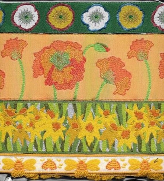 RIBBON PAK-18 Jacquard Ribbon Woven Poly/Cotton Trims 1yd lengths in 4 Rare Vintage Designs, Orange Yellow White Green Florals