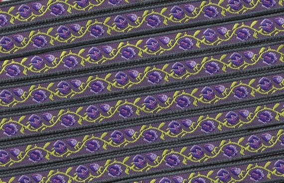 FLORAL B-43-i Jacquard Ribbon Poly Trim 1/2" wide (13mm) Eggplant Background/Black Borders, Variegated Purple Flowers, Lime Vines/Leaves