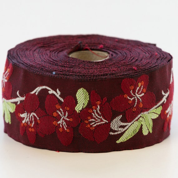 KAFKA H-06/04 Jacquard Ribbon Woven Organic Cotton Trim 1-5/8" wide (40mm) Dark Red w/Red Cherry Blossoms, White Branches, Lt Green Leaves