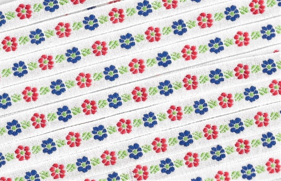 FLORAL B-30-A Jacquard Ribbon Woven Cotton Trim 7/16" wide VINTAGE Off-White Background w/Red & Blue Flowers, Green Leaves