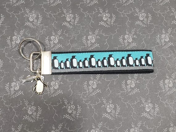 Jacquard Ribbon/Nylon Web 1" wide (25mm) Key Fobs - PENGUIN FAMILY w/Charms - Keychain, Wristlet, Luggage Tags 5.5" long, Zipper Pulls