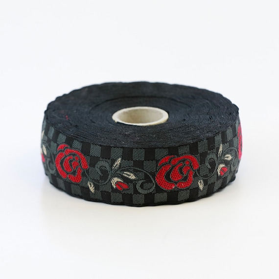 KAFKA F-07/03 Jacquard Ribbon Organic Cotton Trim 1" wide (25mm) Black/Gray "Checkerboard" Red Roses, Gray Scrolls, Beige Leaves