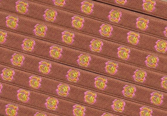 FLORAL A-06-D Jacquard Ribbon Poly Trim 3/8" wide (9mm) Made in France Copper Background w/Hot Pink, Green & Orange Roses