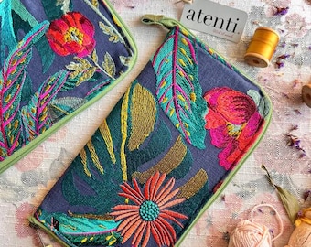 ATENTI "FLORA" Embroidered Tapestry Floral Needles, Hooks & Tools Zippered Case, USA Made