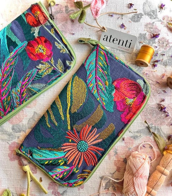 ATENTI "FLORA" Embroidered Tapestry Floral Needles, Hooks & Tools Zippered Case, USA Made