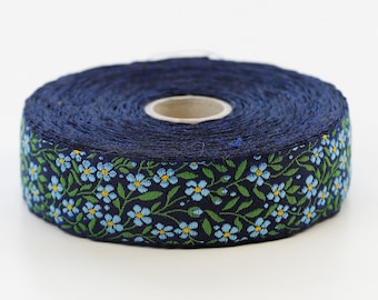 KAFKA F-01/04 Jacquard Ribbon Woven Organic Cotton Trim 1" wide (25mm) Navy w/Blue (Yellow Accents) Forget-Me-Nots, Green Leaves