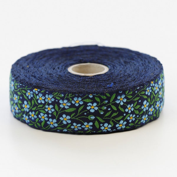 KAFKA F-01/04 Jacquard Ribbon Woven Organic Cotton Trim 1" wide (25mm) Navy w/Blue (Yellow Accents) Forget-Me-Nots, Green Leaves