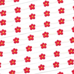KAFKA A-03/12 Jacquard Ribbon Woven Organic Cotton Trim 7/16&quot; wide (10mm) White Background w/Red & Yellow Forget-Me-Not Flowers