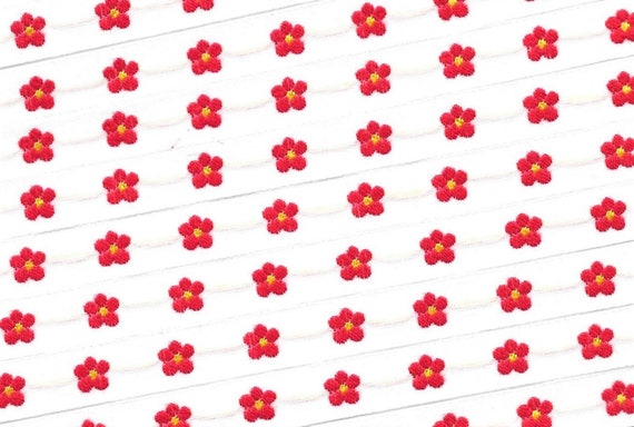 KAFKA A-03/12 Jacquard Ribbon Cotton Trim, 3/8" wide (10mm) From Germany, White Background w/Red & Yellow Forget-Me-Nots, Per Yard