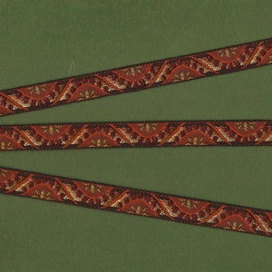 Cinta de jacquard GEOMÉTRICA B-26-C con borde de poliéster de 1/2" de ancho (13 mm) RARO Fabricado en Francia, diseño de "olas" en tonos oliva, beige y cobre con puntos marrones